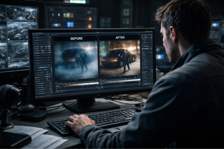 Man working on video editing software, compares "Before" and "After" scenes of a man near a car in a dimly lit garage. Screens display surveillance footage.