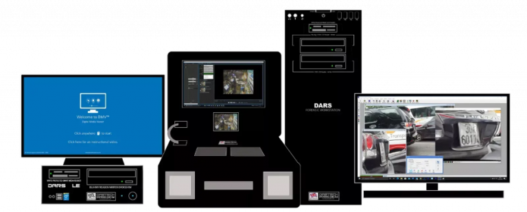 Digital forensics workstation setup with video analysis displays.