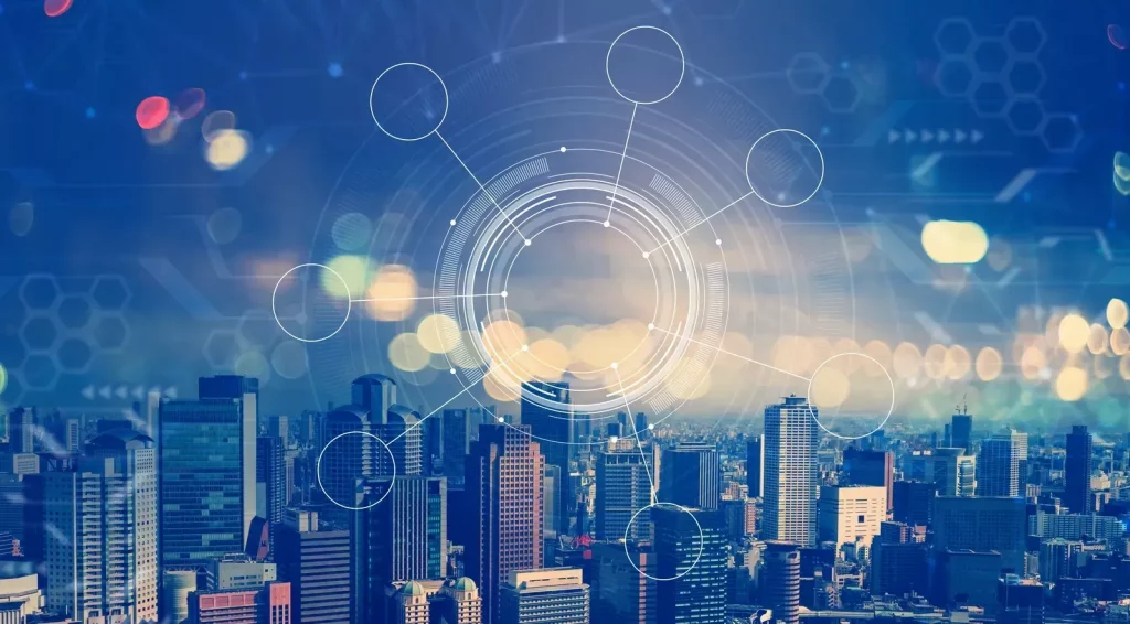 Smart city skyline with digital data network overlay.