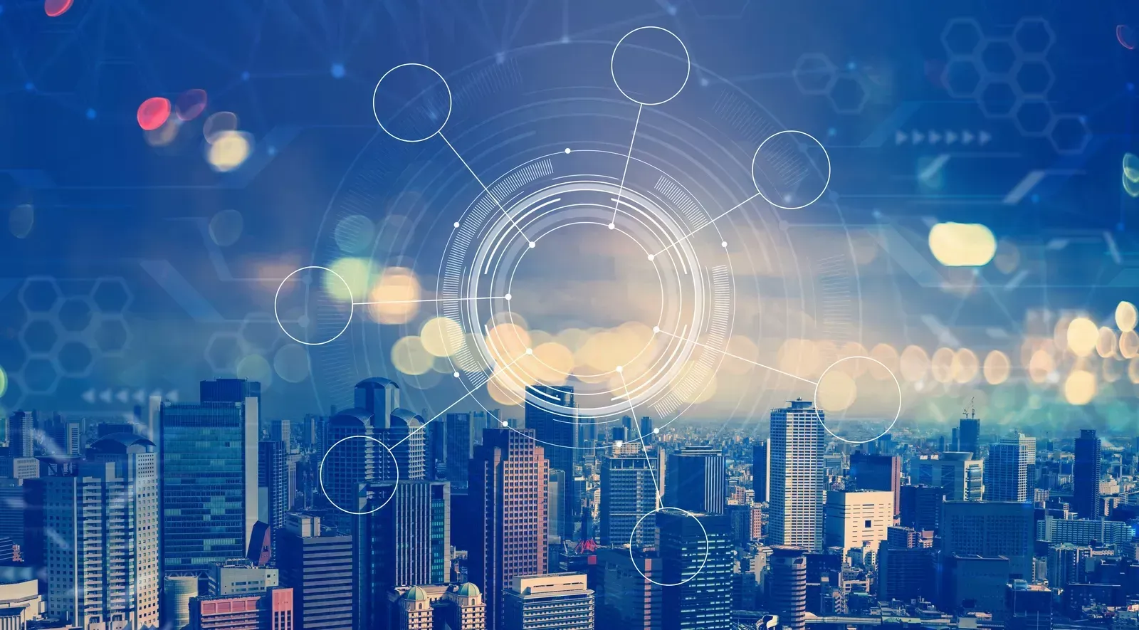 Smart city skyline with digital data network overlay.