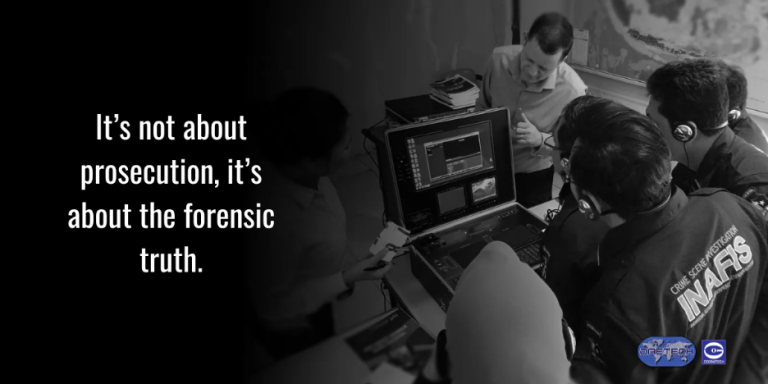 Forensic team analyzing data on a portable workstation