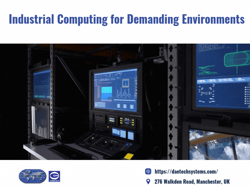 Industrial computing workstation with multiple monitors.