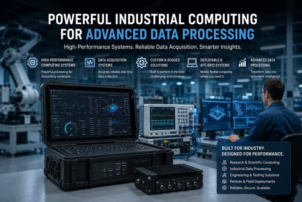 Industrial computing showcasing rugged data processing hardware and workstation.